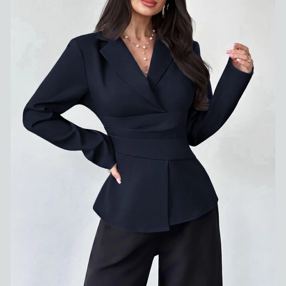 Navy Blue Notched Lapel Wrap Front Cinched Waist Lightweight Blazer